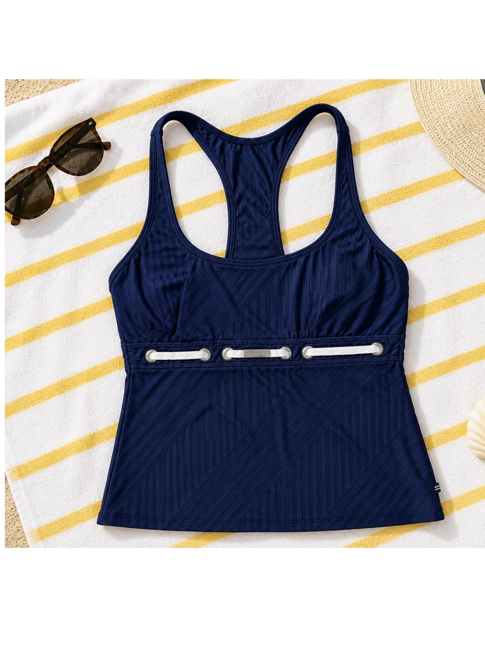 Nautica Navy Halter Racerback Tankini Swim Bikini Top Yellow Lined 12 large